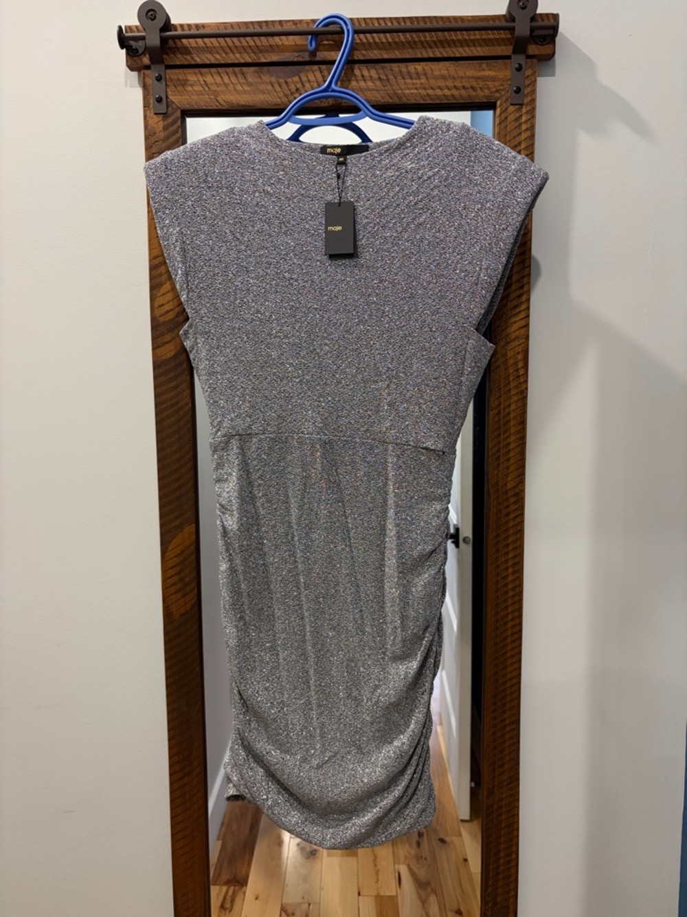 Maje Silver Metallic Ruched Midi Dress